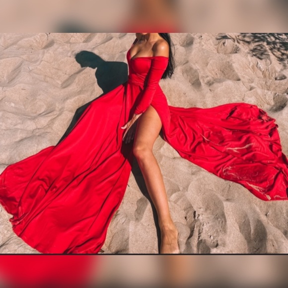 High Split Bardot Surplice Dress - Picture 7 of 8